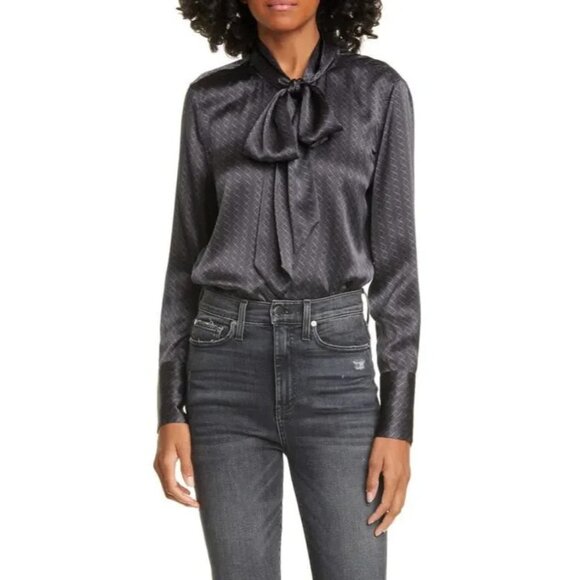 NWT Equipment Luis in True Black Pearl Tie Neck Satin Silk Button Down Shirt S - Picture 5 of 10